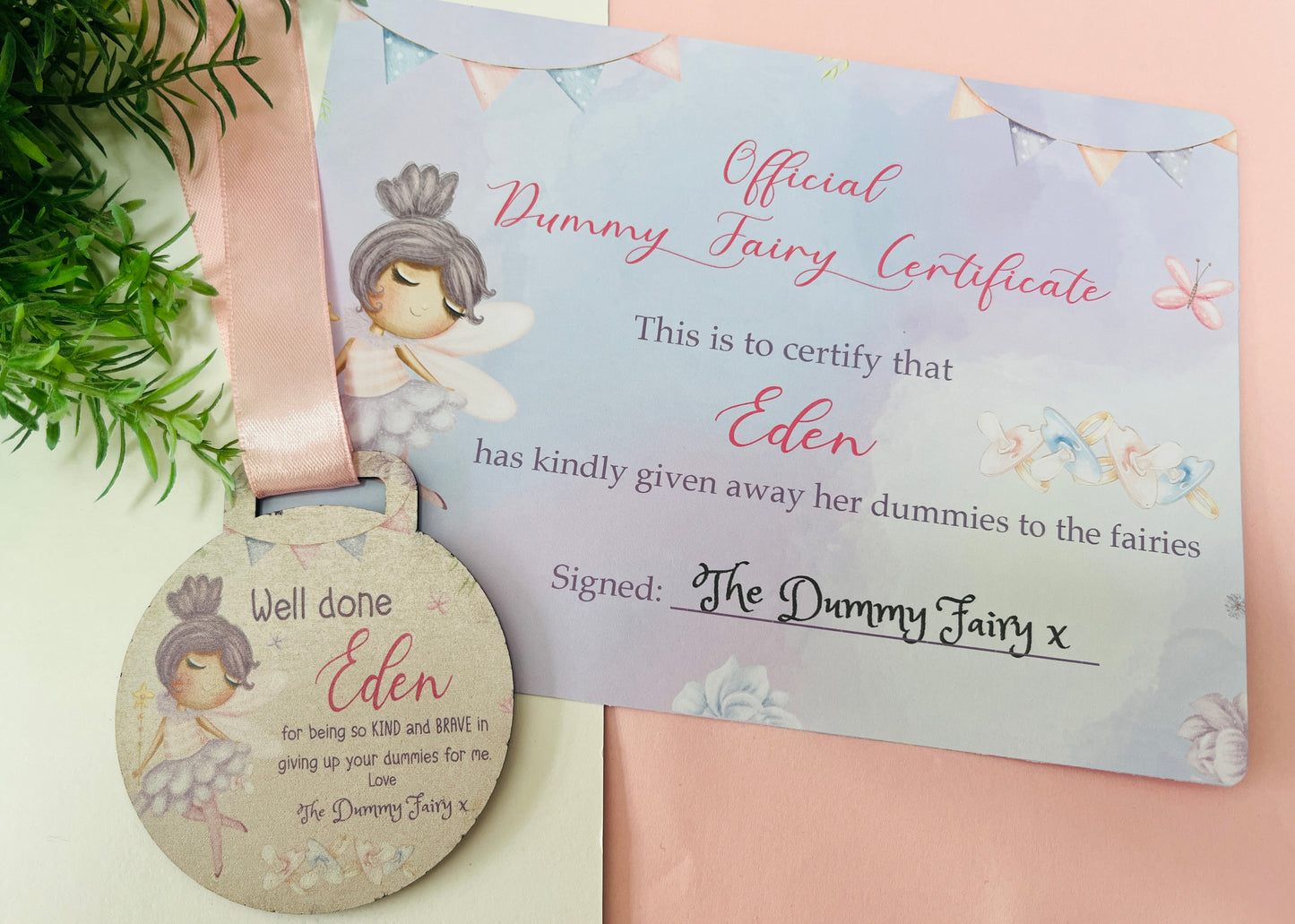Purple Dummy Fairy medal with certificate