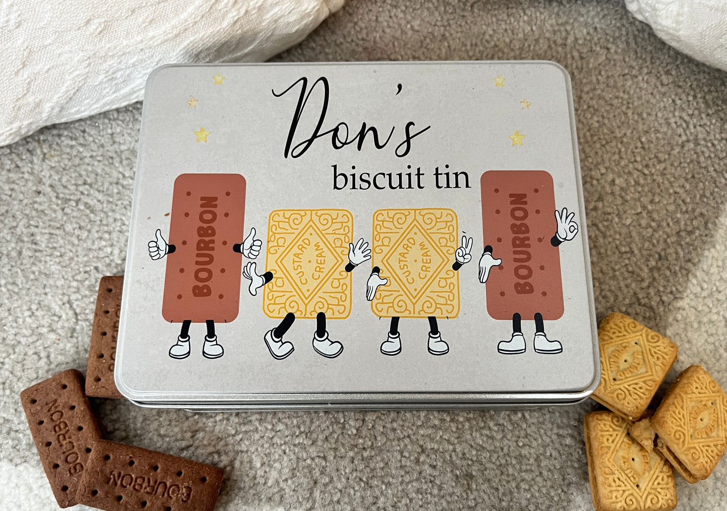 Bourbon and Custard Cream character tin