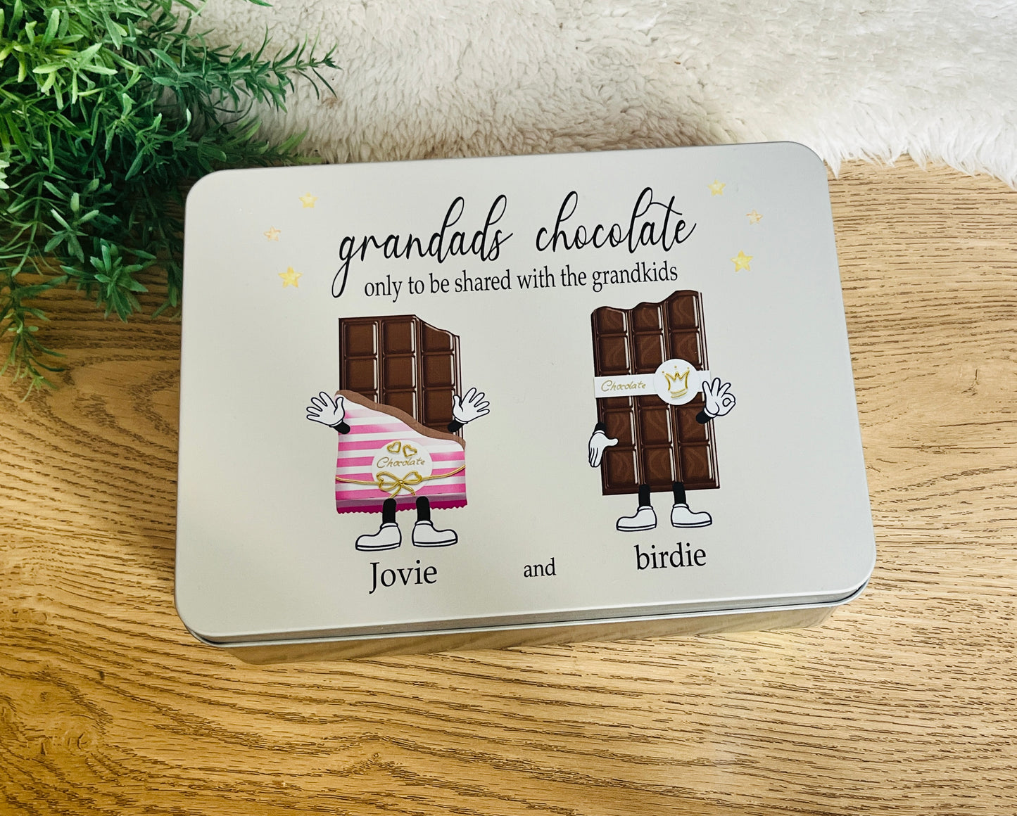 Chocolate names character tin