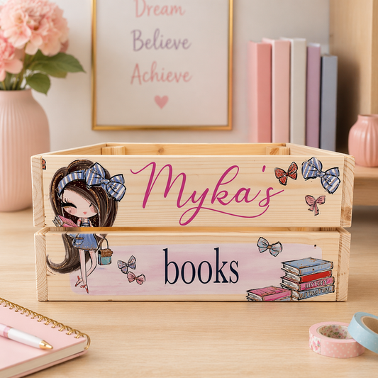 Girl reading wooden book crate