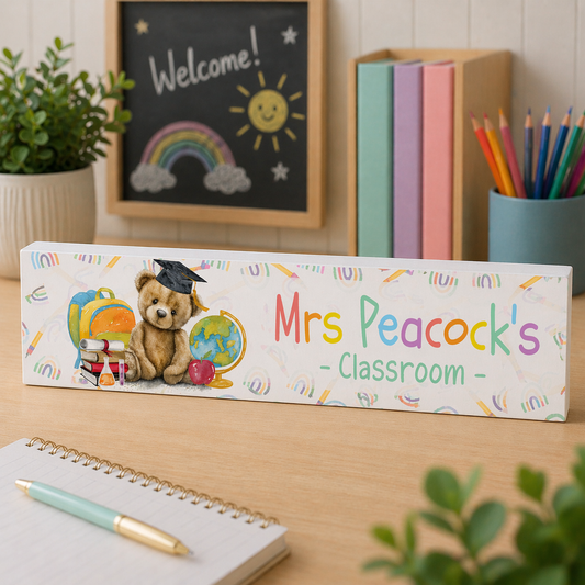 Personalised Teddy Teacher Thank You Block Sign