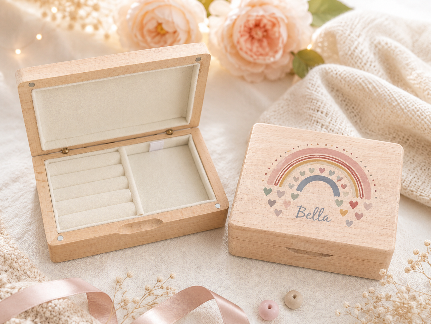 Rainbow wood travel jewellery box with mirror