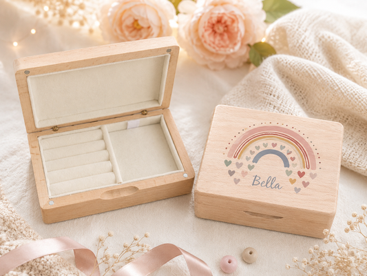 Rainbow wood travel jewellery box with mirror