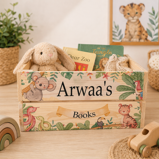 Jungle animal wooden book crate