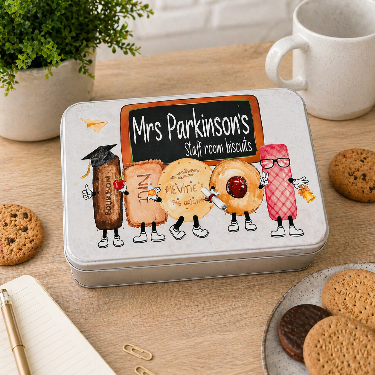 Teacher biscuit character tin