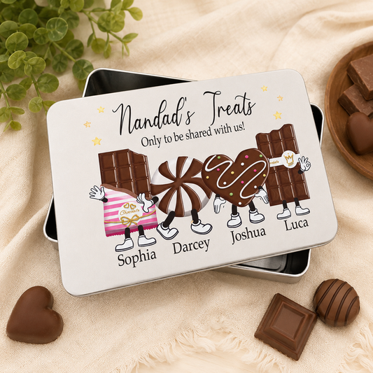 Chocolate names character tin