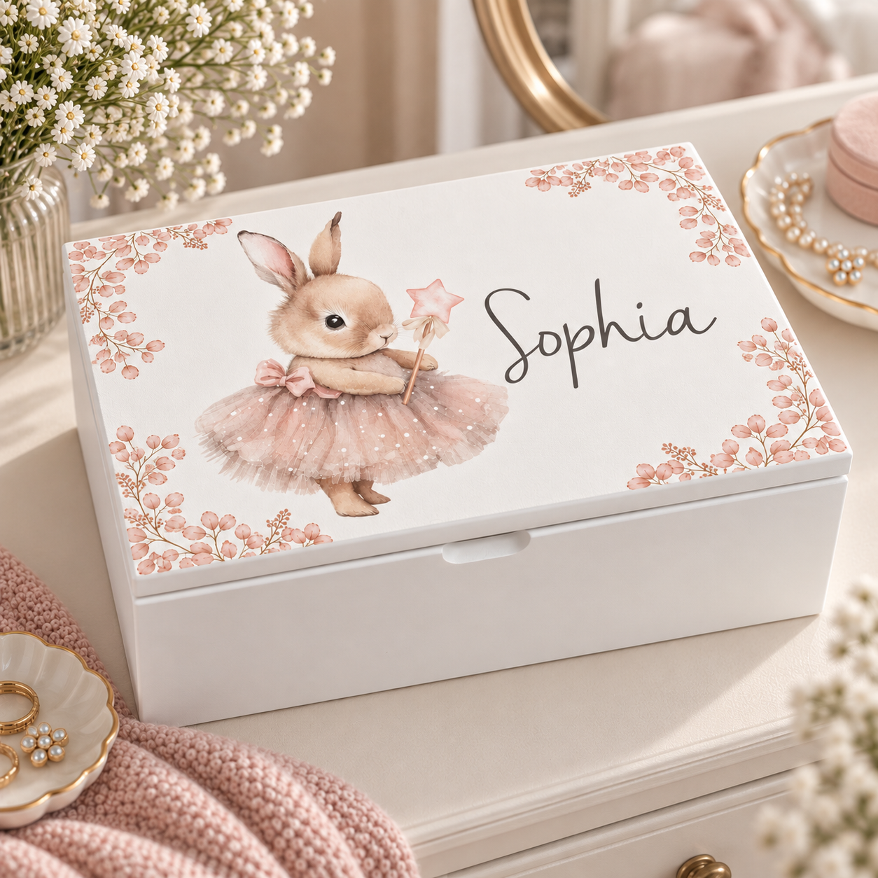 Ballet Bunny luxury white jewellery box with removable compartment