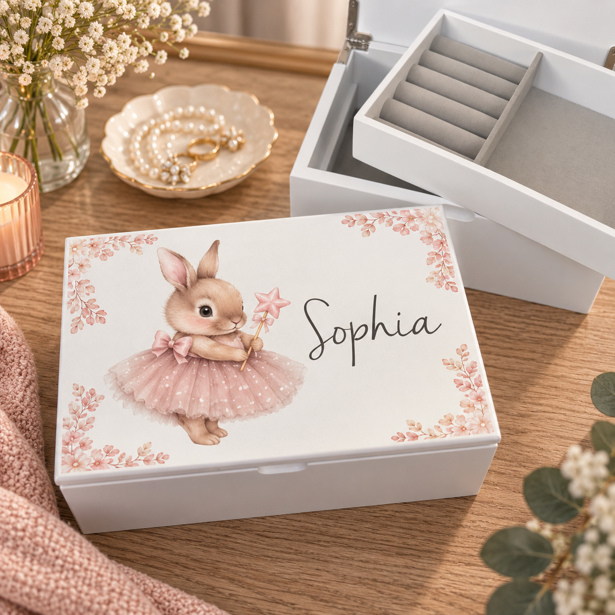 Ballet Bunny luxury white jewellery box with removable compartment