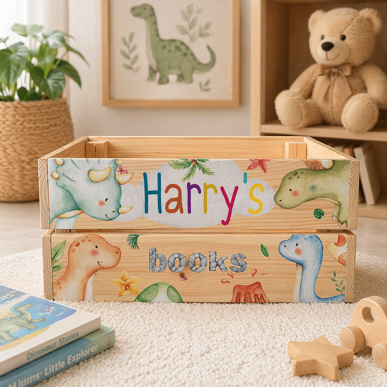Dinosaur wooden book crate