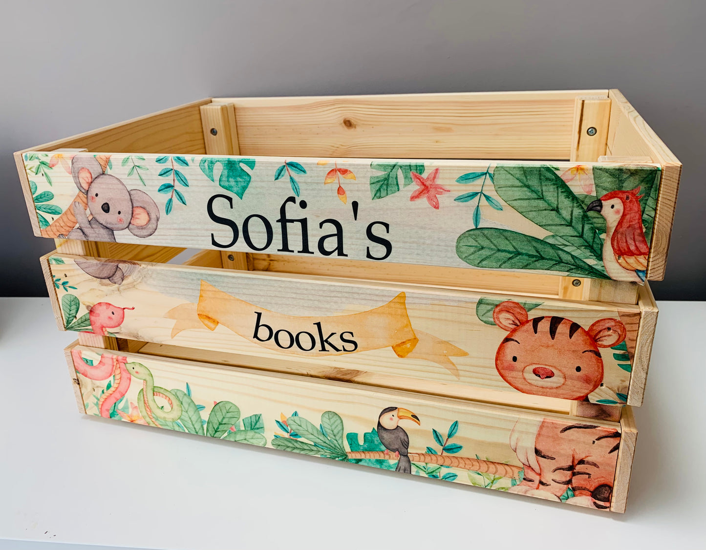 Jungle animal wooden book crate