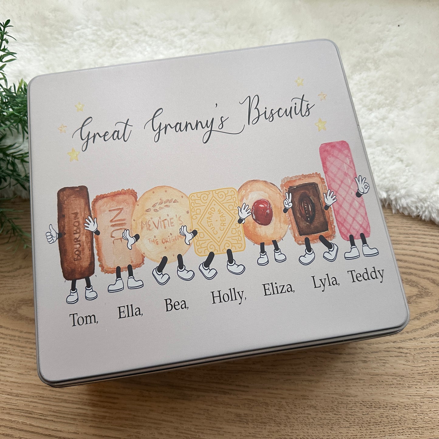 Biscuit names character tin