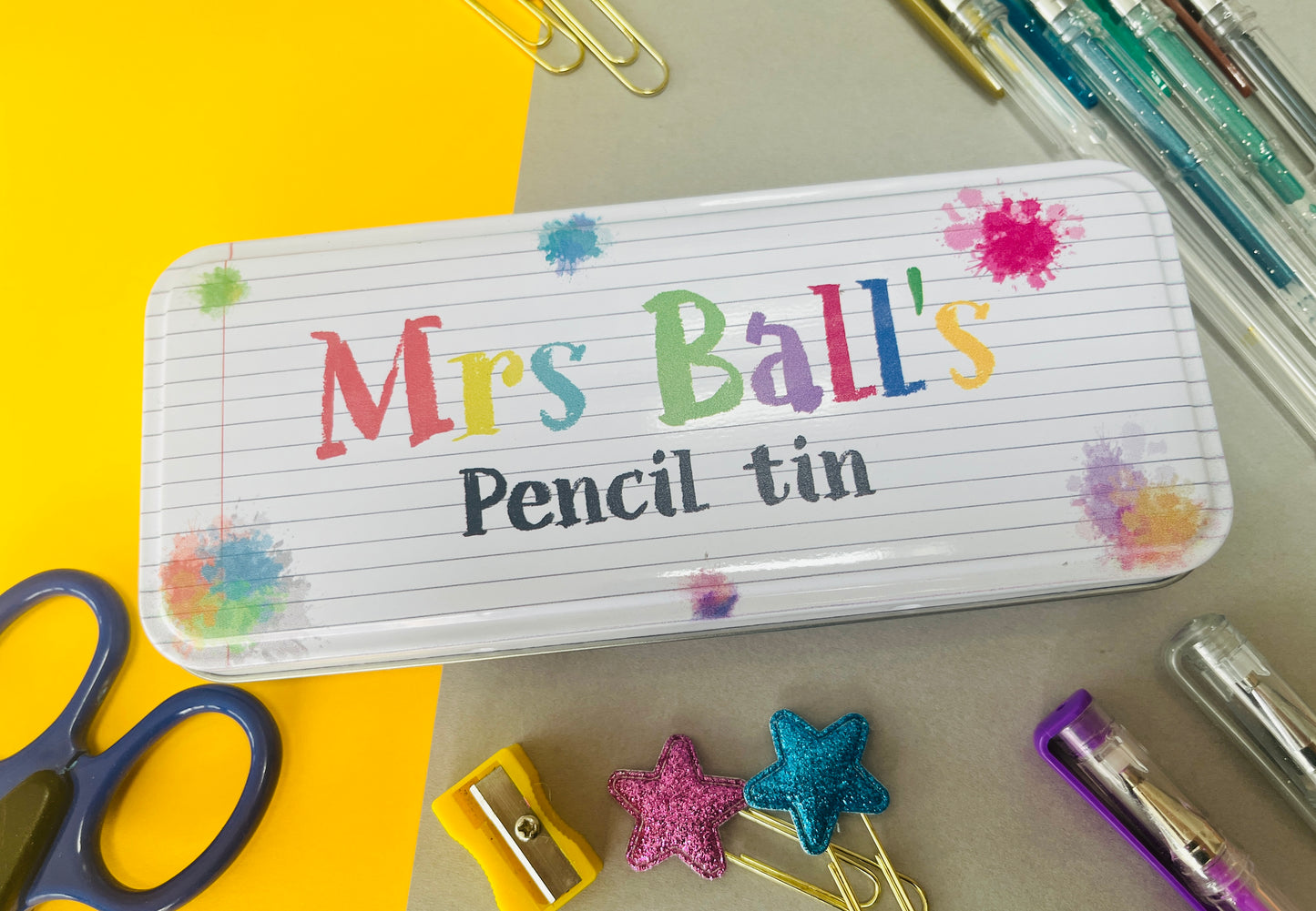 Teacher crayon pencil tin