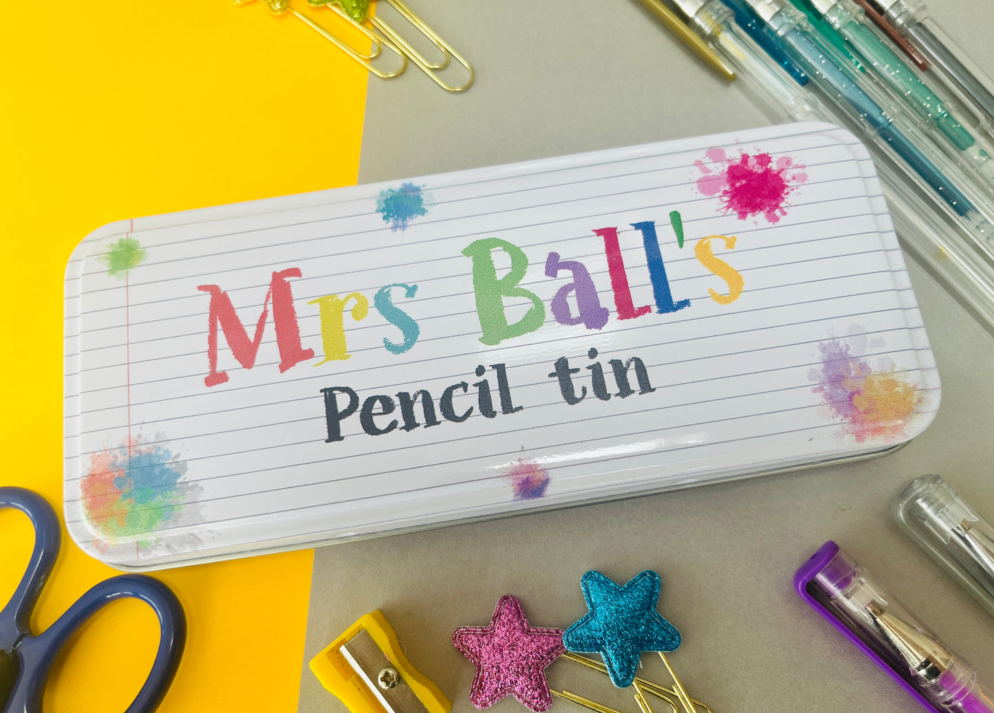 Teacher crayon pencil tin