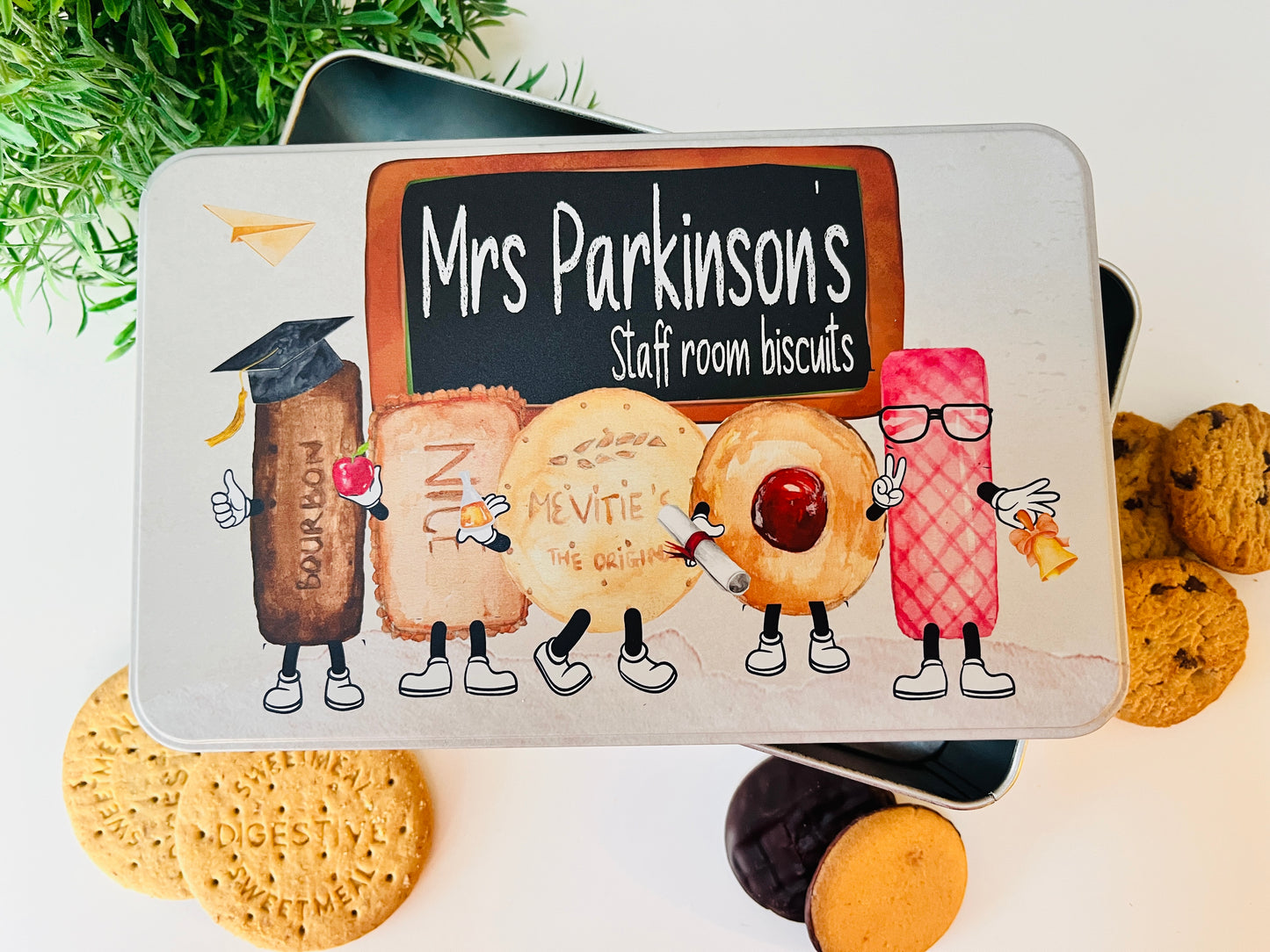 Teacher biscuit character tin