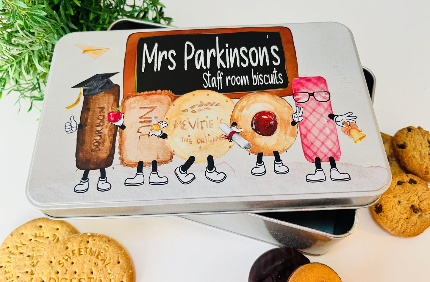 Teacher biscuit character tin