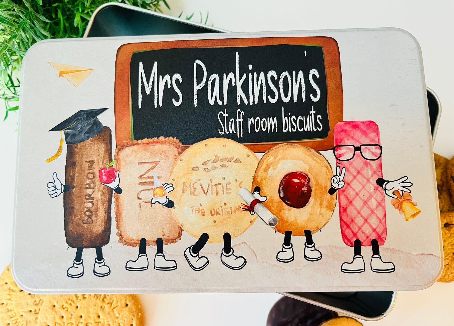 Teacher biscuit character tin