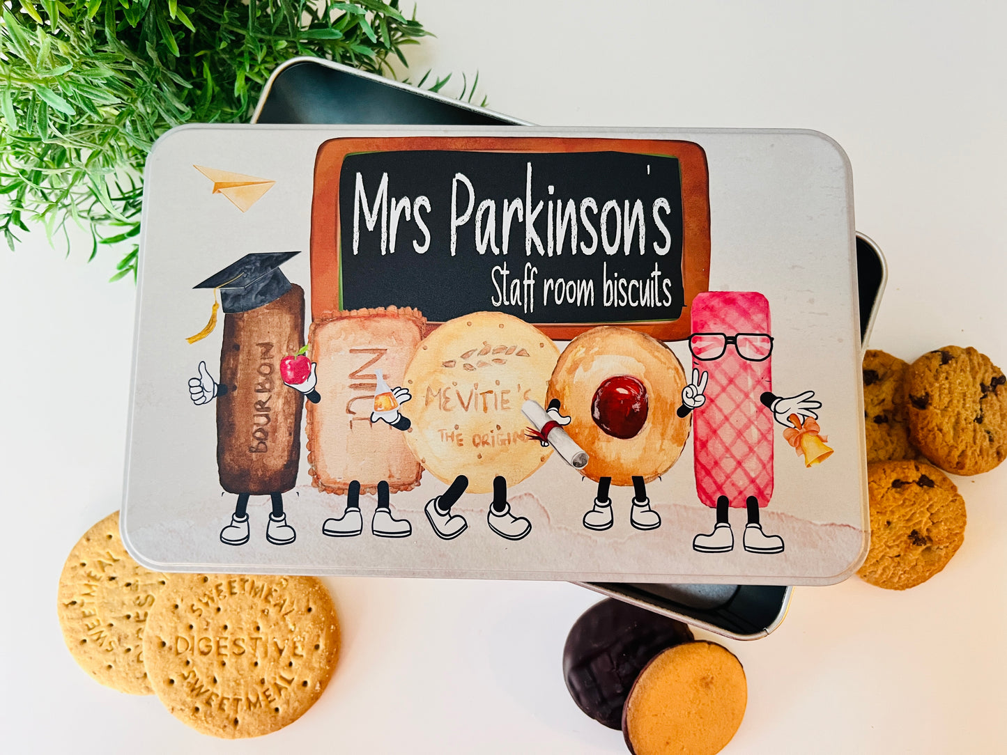 Teacher biscuit character tin