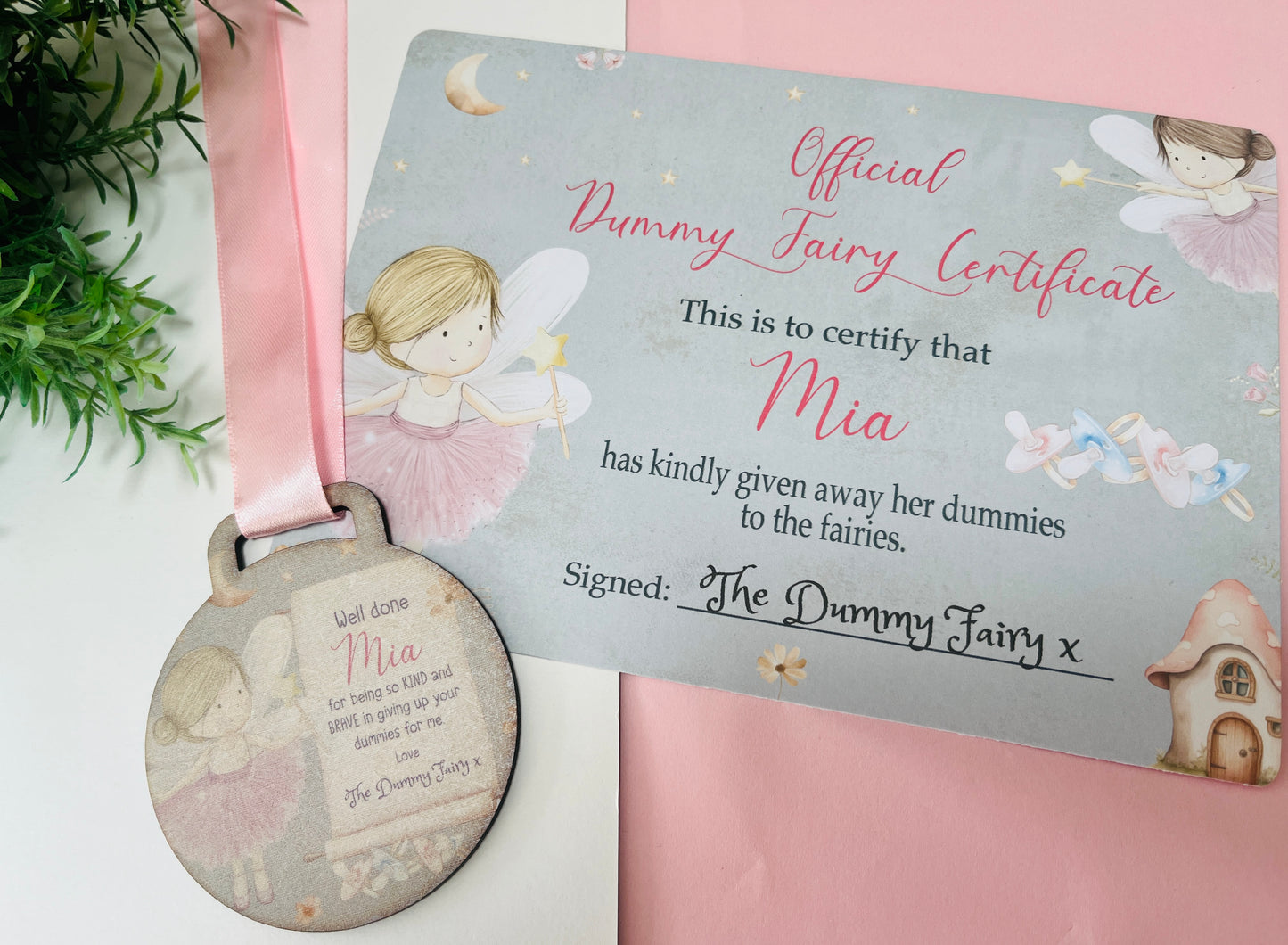 Pink Dummy Fairy medal with certificate