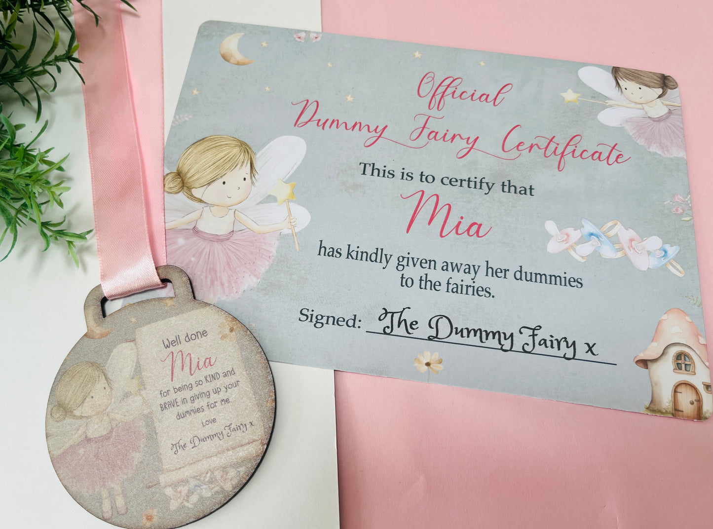 Pink Dummy Fairy medal with certificate