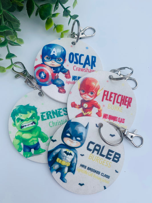 Superhero book bag tags