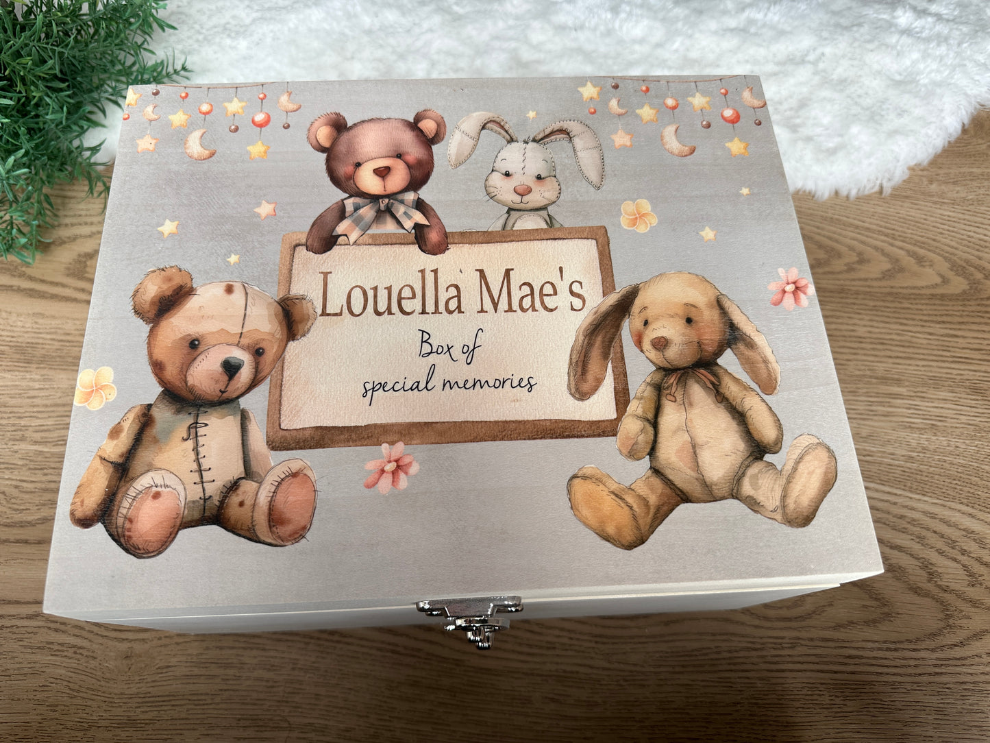 Vintage teddy bear and rabbit keepsake box