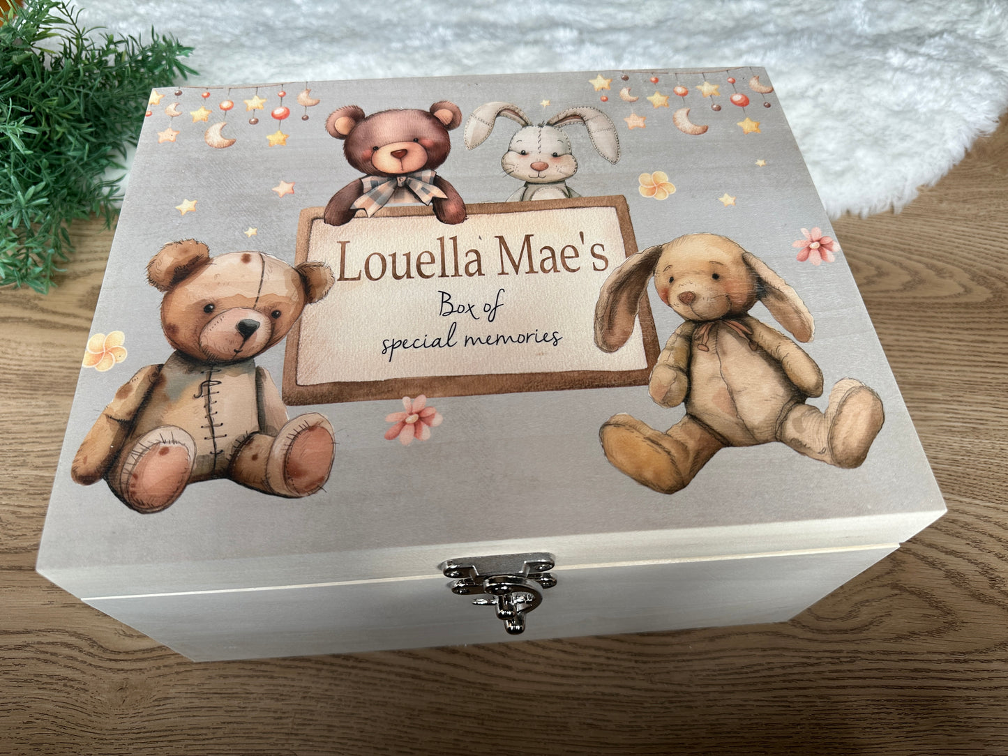 Vintage teddy bear and rabbit keepsake box