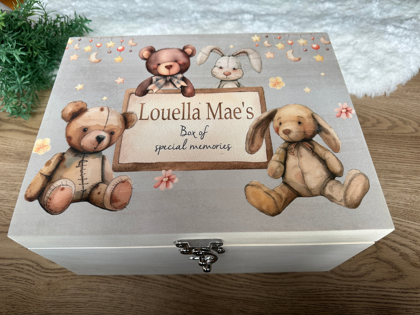 Vintage teddy bear and rabbit keepsake box