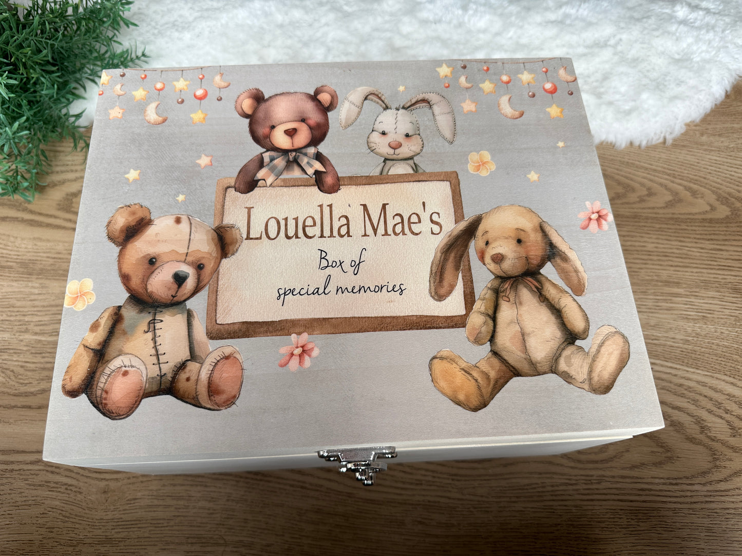 Vintage teddy bear and rabbit keepsake box