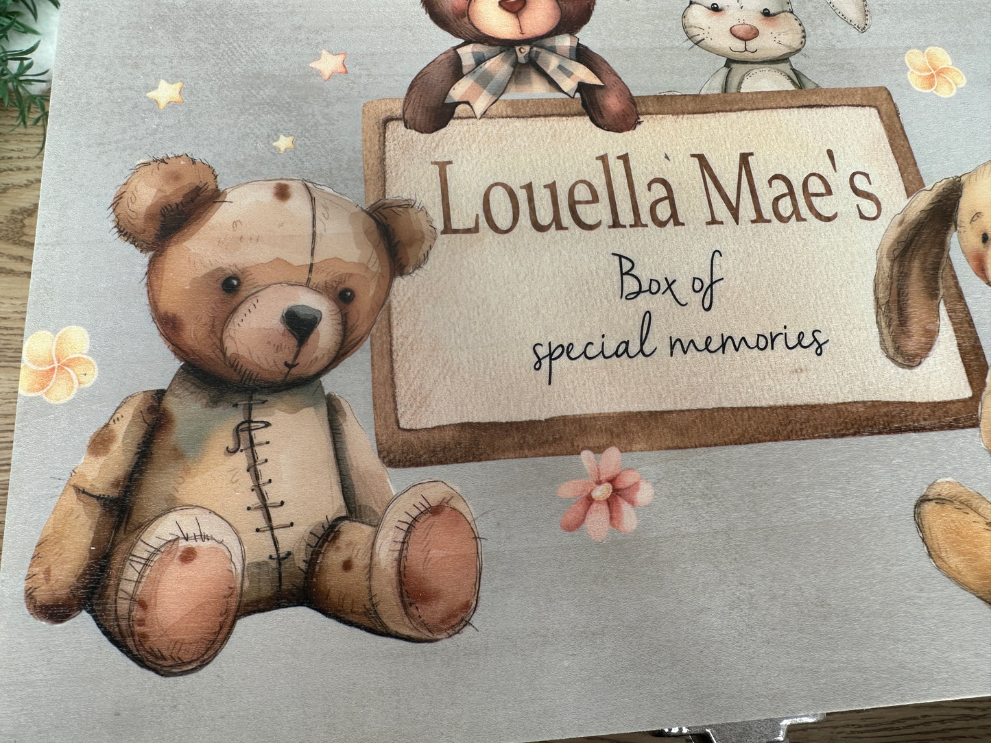 Vintage teddy bear and rabbit keepsake box