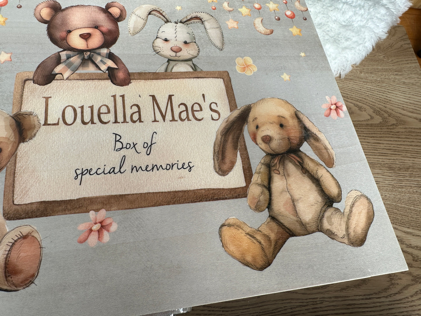 Vintage teddy bear and rabbit keepsake box