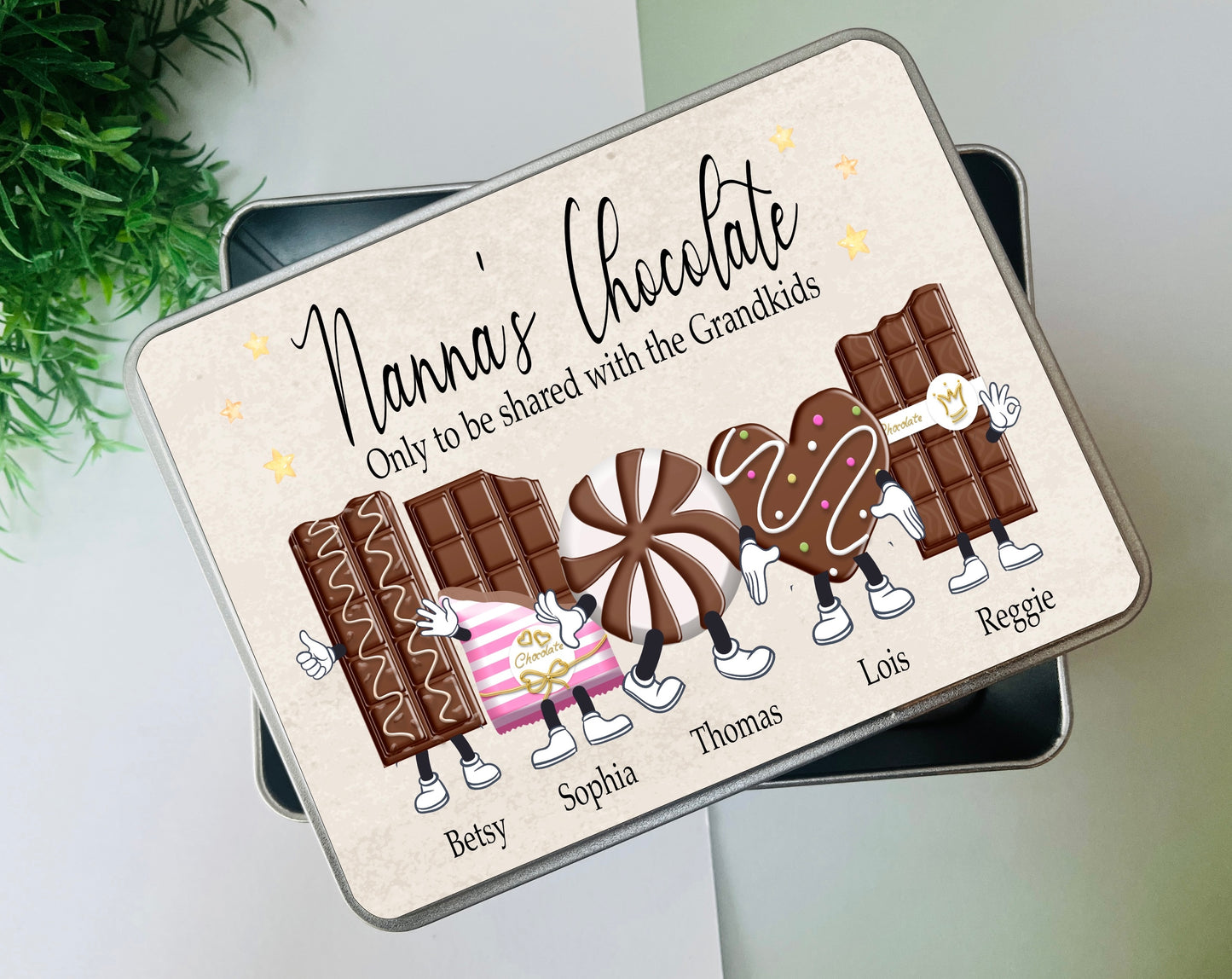 Chocolate names character tin