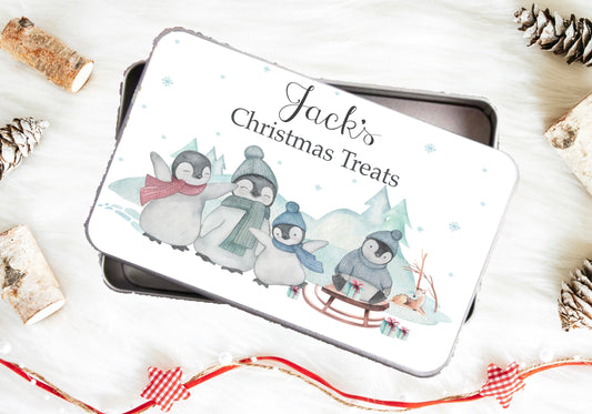 Penguin snow scene Christmas tin