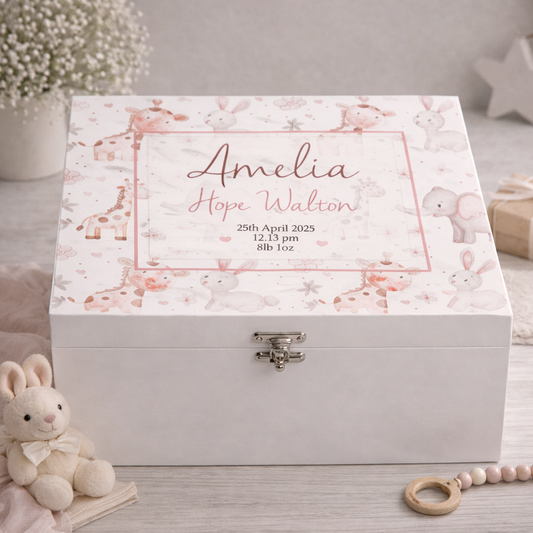 Giraffe and rabbits Luxury white baby memory box