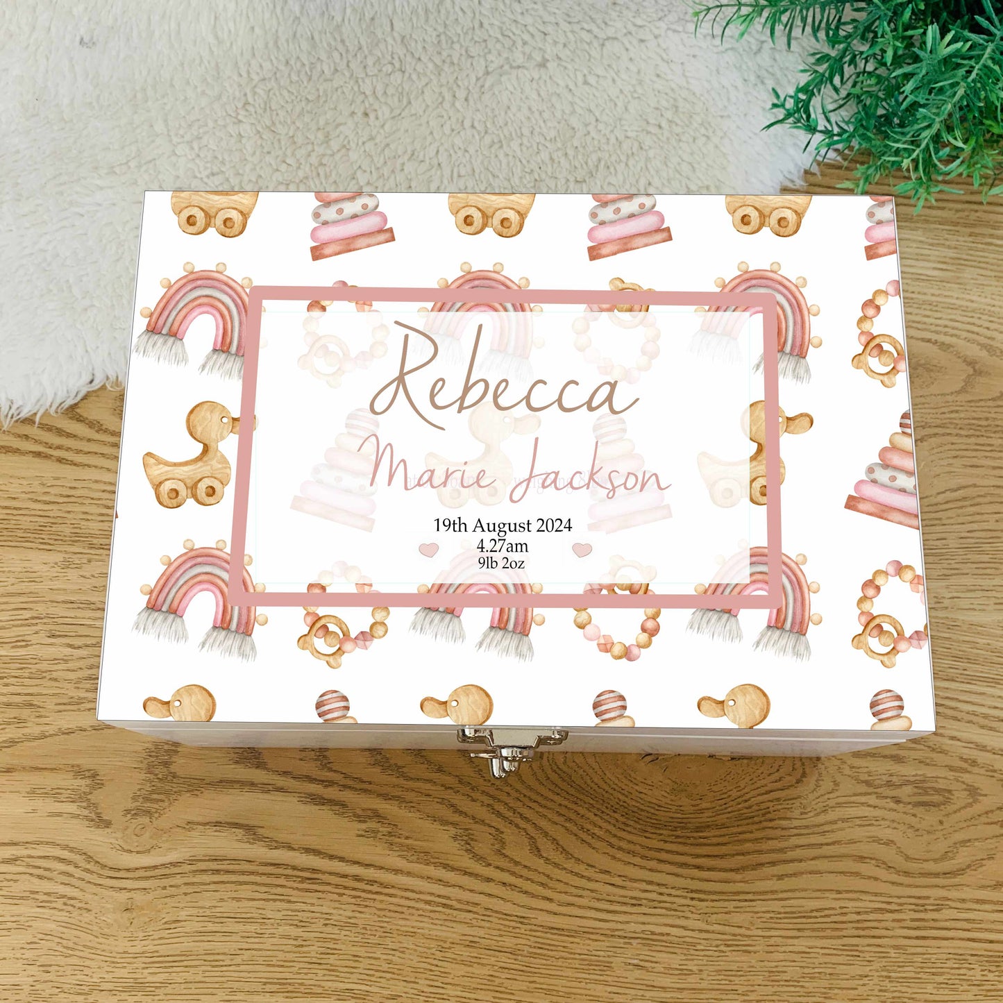 Rainbow and rattles Luxury white baby memory box
