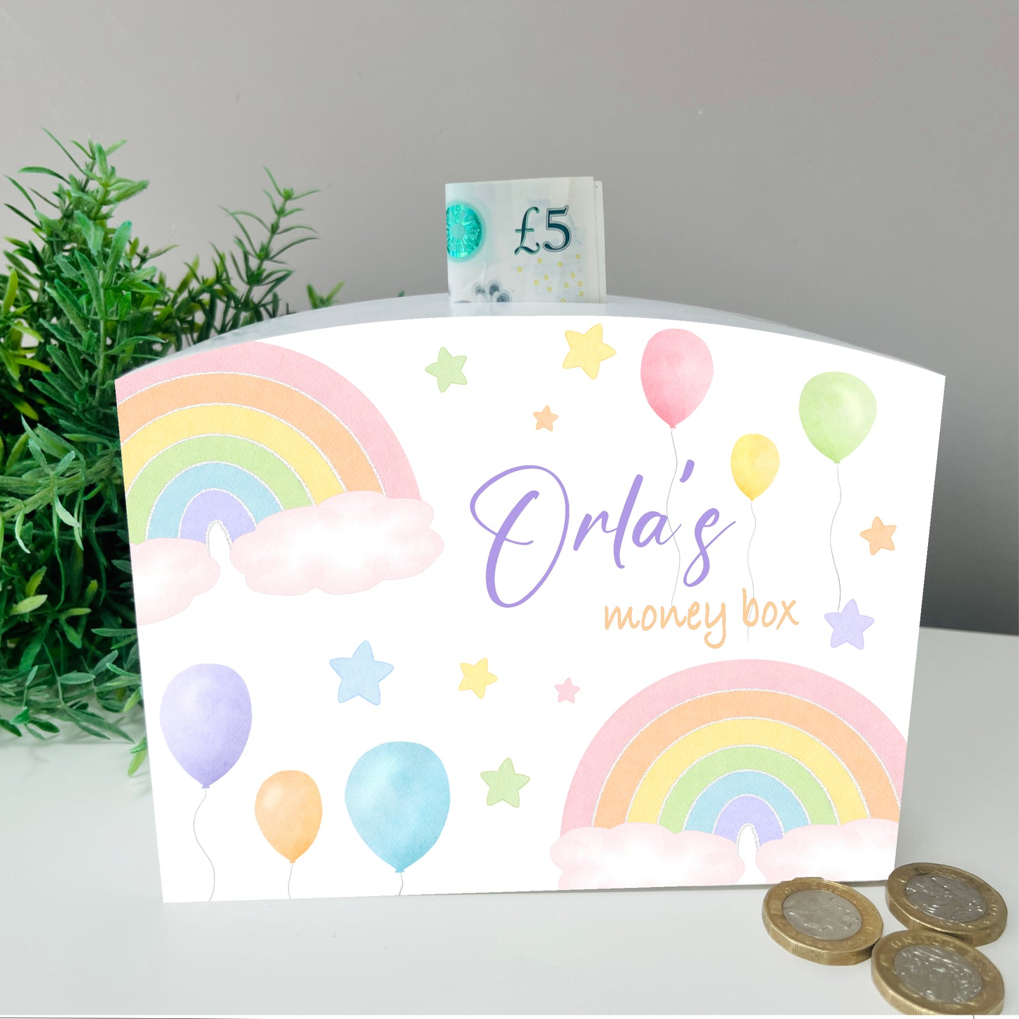Rainbow and balloons money box