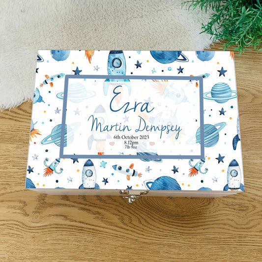 Rockets and planets Luxury white baby memory box
