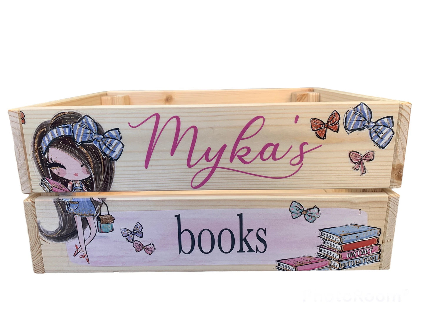 Girl reading wooden book crate