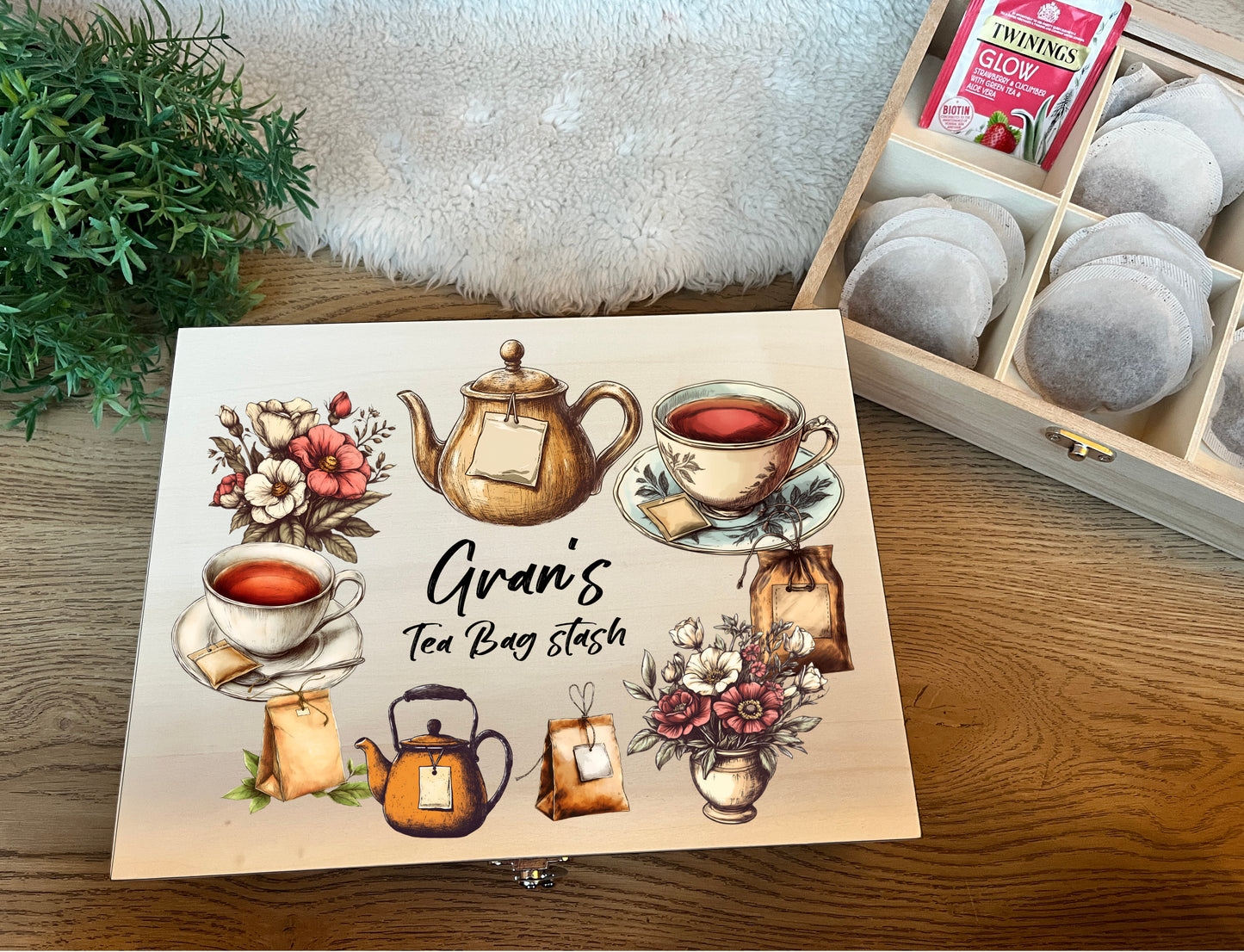 Tea bag box, 6 compartment storage